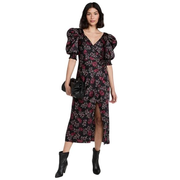 Cinq A Sept Tumbled Daisy Kasy Dress Raspberry Multi Puff 1/2 Sleeve Midi Size 8 - Picture 1 of 15
